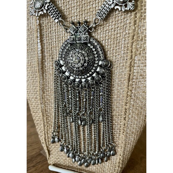 Heavy Tribal Ethnic Statement Gypsy Boho European Choker Necklace Silver Tone - Picture 2 of 9